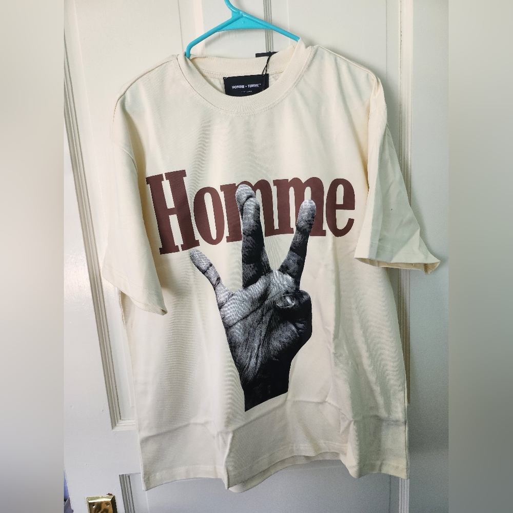 Cream Graphic T-Shirt with Brown 'Homme' Print